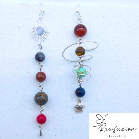 Solar System Earrings, Long Bead Dangle Jewellery Silver, Planets Sun Stars Space