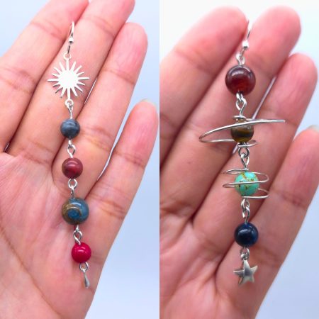 Solar System Earrings, Long Bead Dangle Jewellery Silver, Planets Sun Stars Space