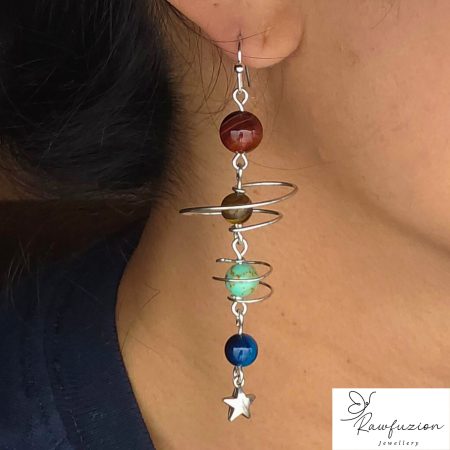 Solar System Earrings, Long Bead Dangle Jewellery Silver, Planets Sun Stars Space