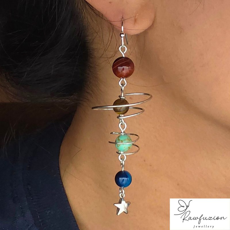 Solar System Earrings, Long Bead Dangle Jewellery Silver, Planets Sun Stars Space