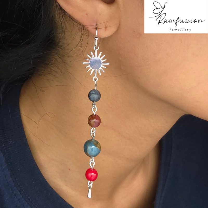 Solar System Earrings, Long Bead Dangle Jewellery Silver, Planets Sun Stars Space