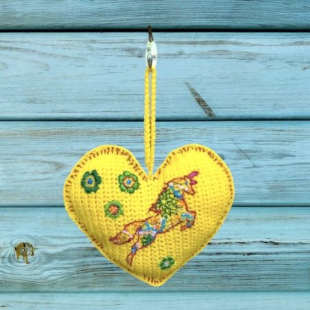 Handmade crochet unicorn hanging heart. Rustic. Multicoloured.
