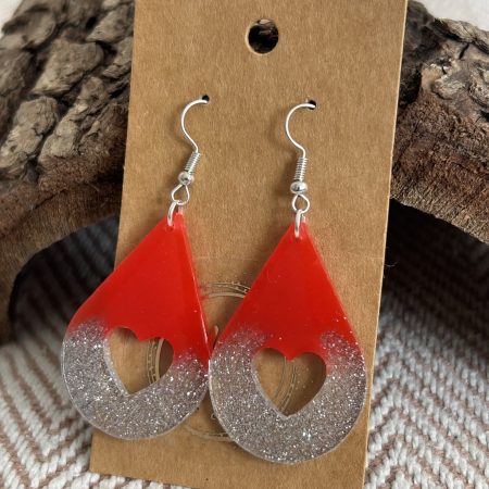 Teardrop red and silver sparkling resin earrings with heart