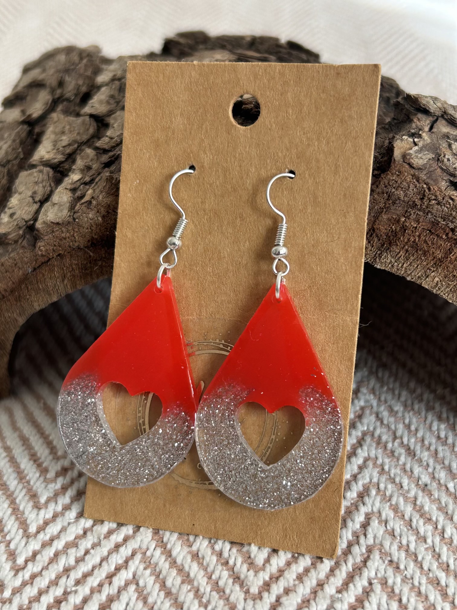 Teardrop red and silver sparkling resin earrings with heart