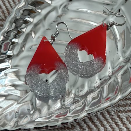 Teardrop red and silver sparkling resin earrings with heart