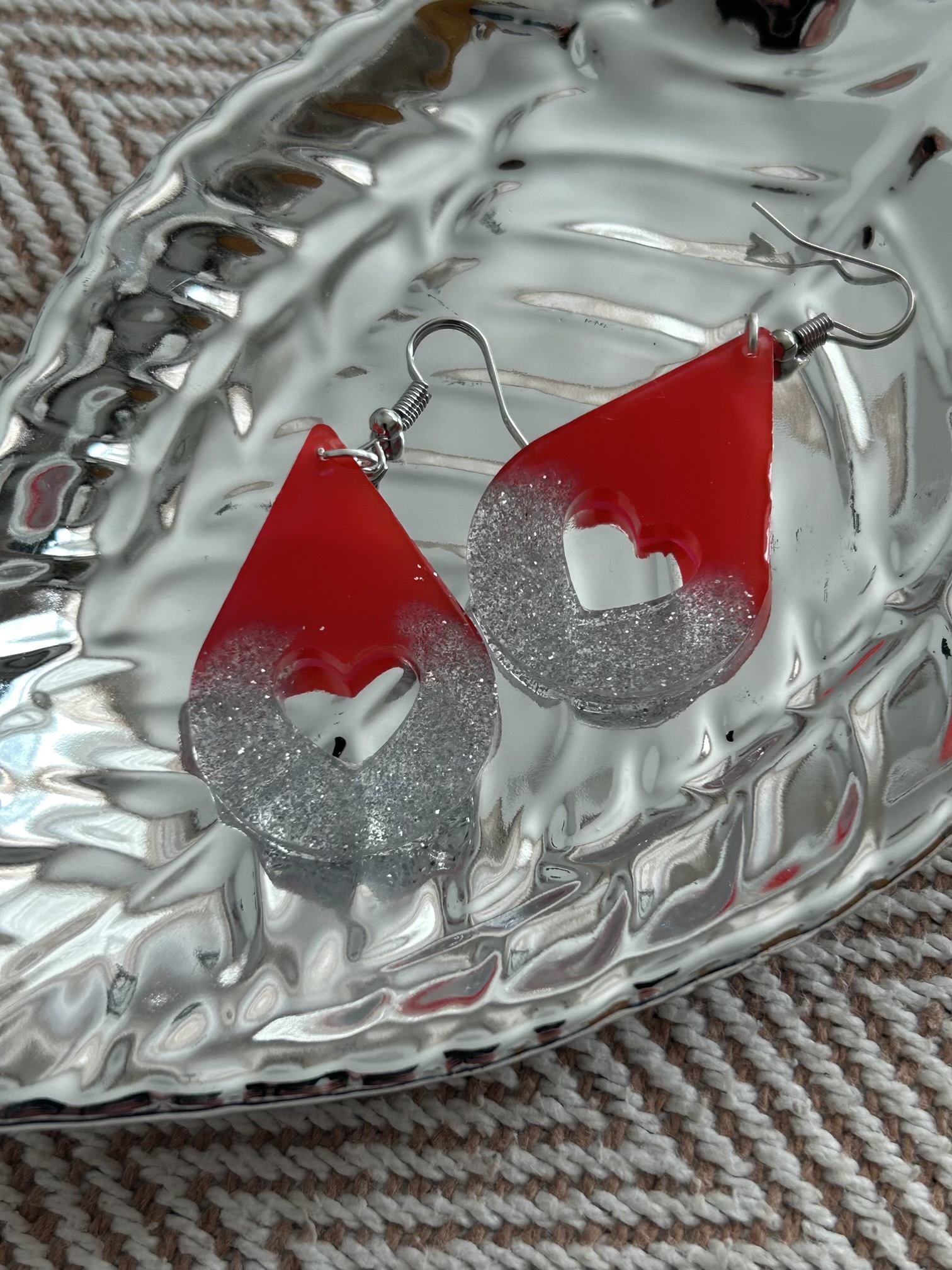 Teardrop red and silver sparkling resin earrings with heart