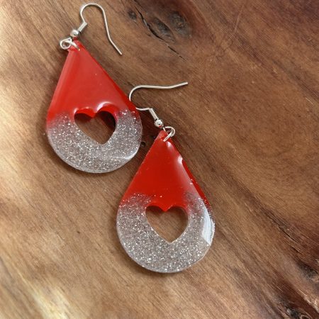 Teardrop red and silver sparkling resin earrings with heart