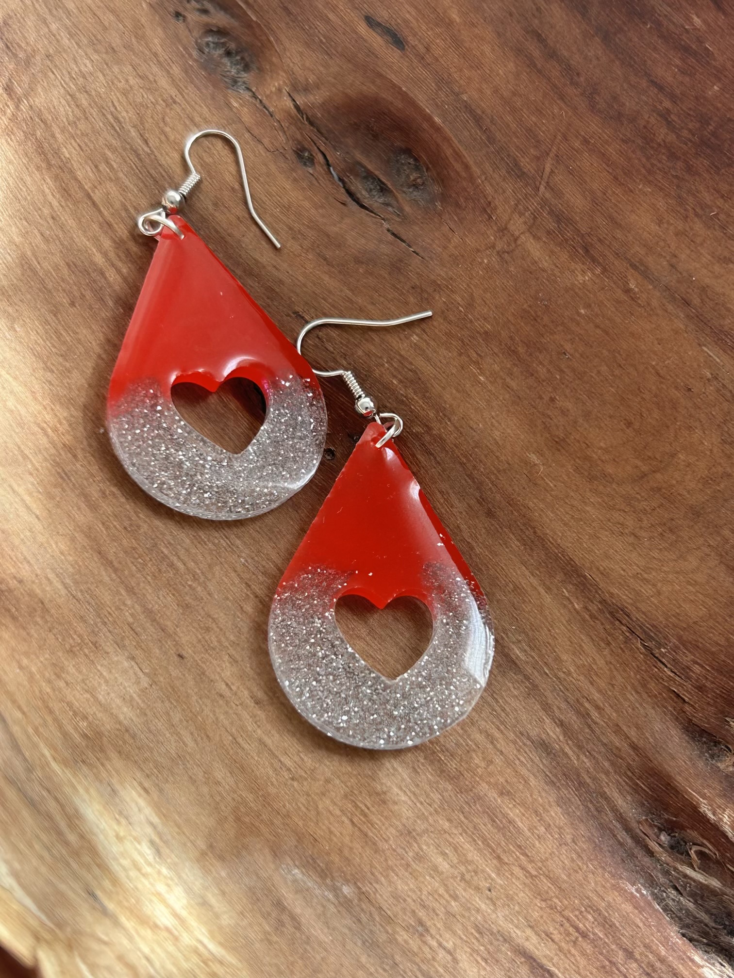 Teardrop red and silver sparkling resin earrings with heart