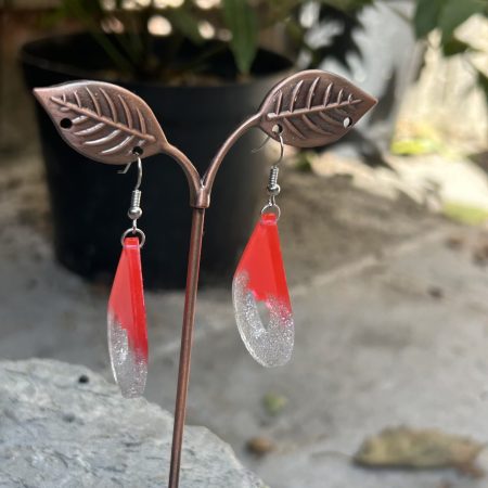 Teardrop red and silver sparkling resin earrings with heart