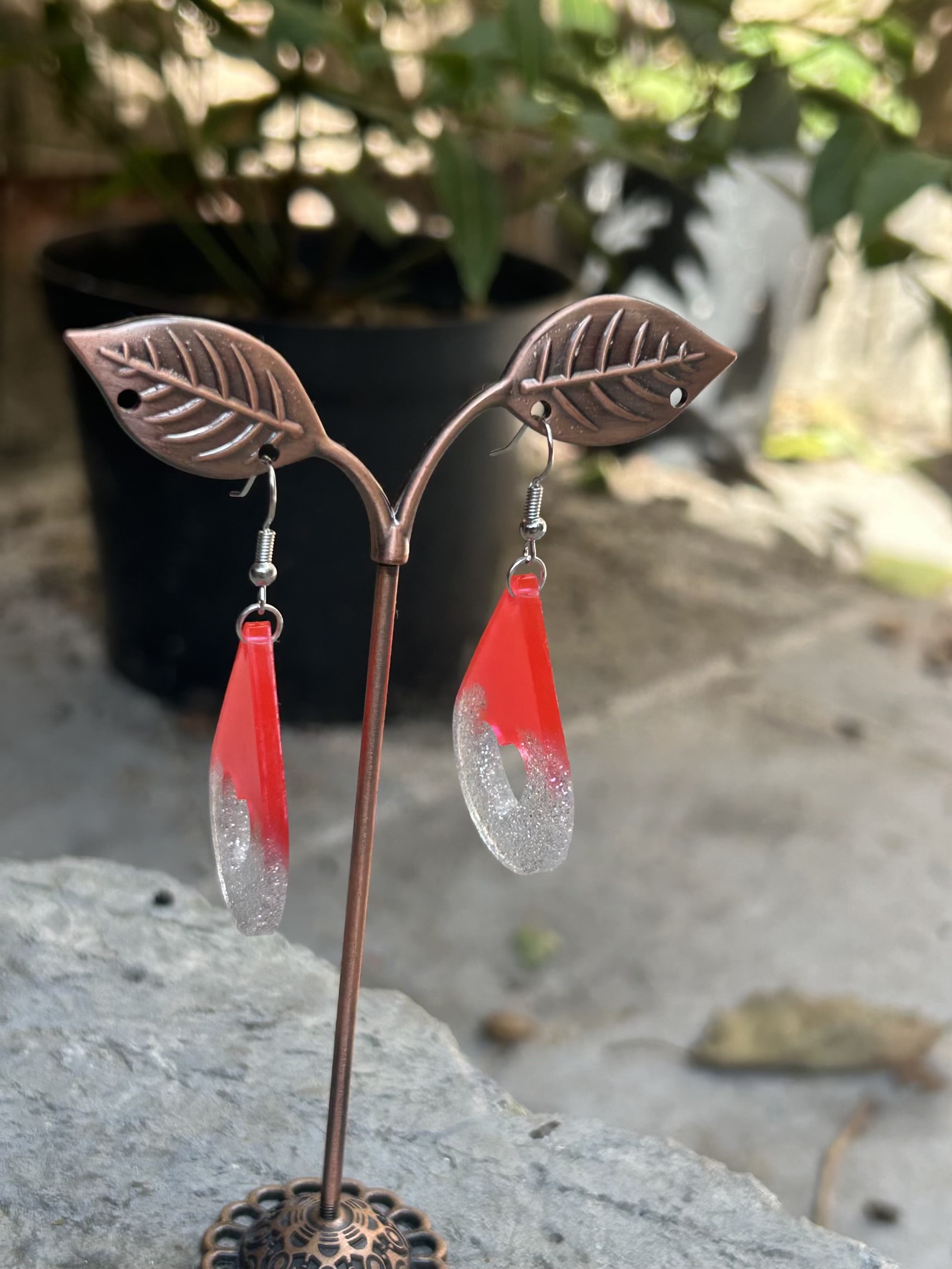 Teardrop red and silver sparkling resin earrings with heart