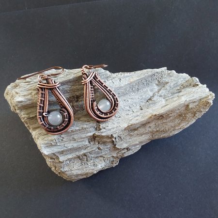 Moonstone antiqued copper wire weave dangly earrings