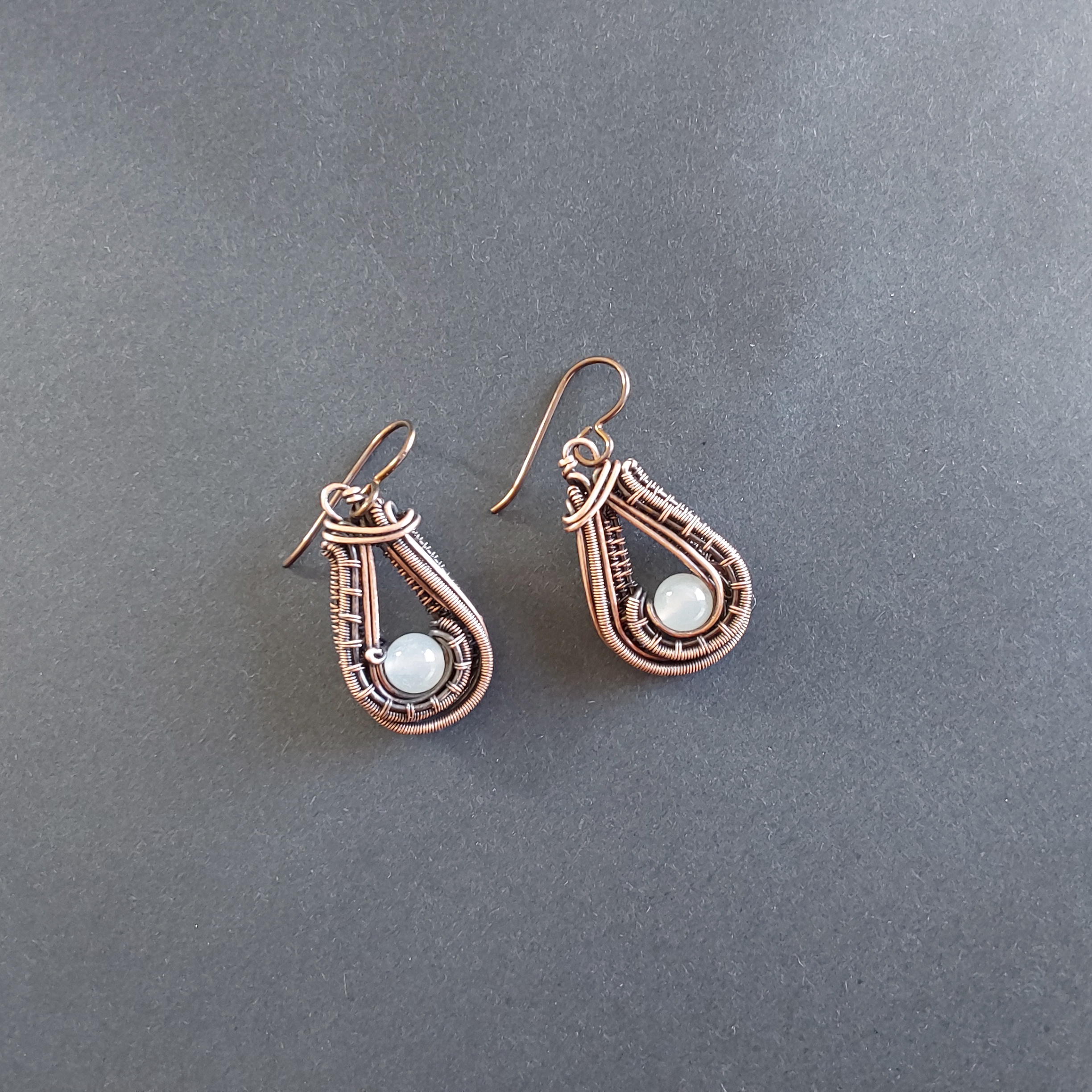 Moonstone antiqued copper wire weave dangly earrings
