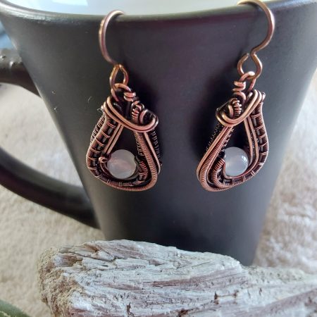 Moonstone antiqued copper wire weave dangly earrings