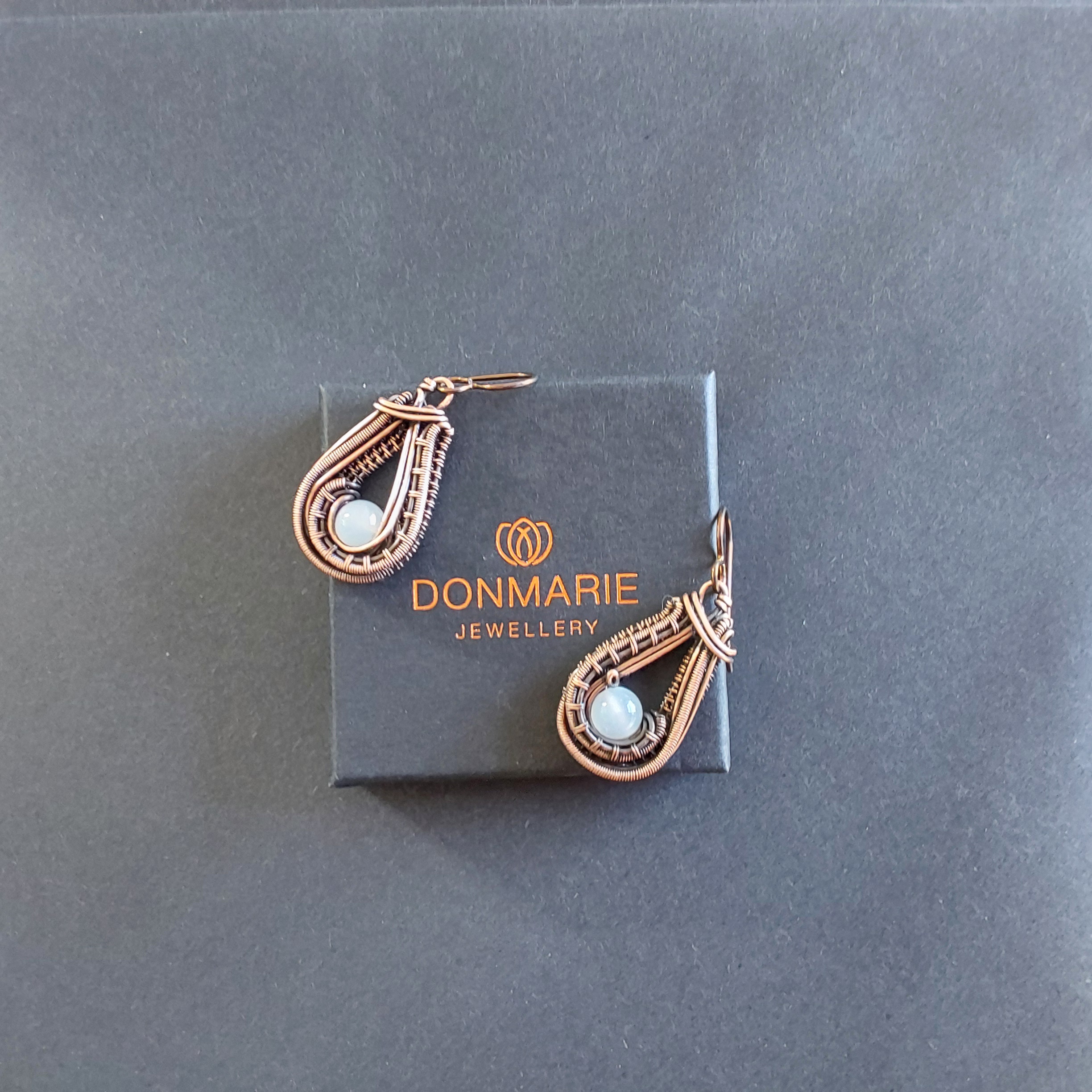 Moonstone antiqued copper wire weave dangly earrings