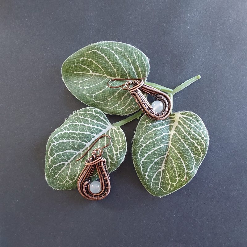 Moonstone antiqued copper wire weave dangly earrings