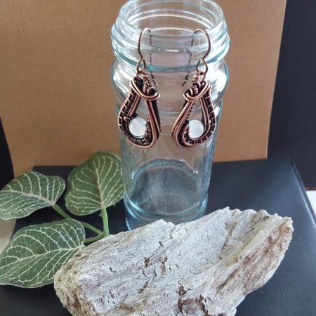 Moonstone antiqued copper wire weave dangly earrings