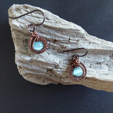 Blue Cats Eye copper wire weave dangly earrings
