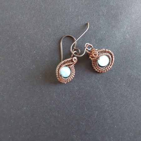 Blue Cats Eye copper wire weave dangly earrings