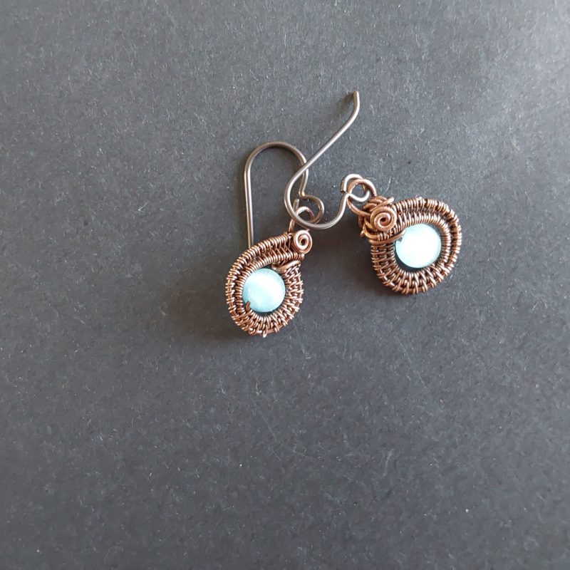 Blue Cats Eye copper wire weave dangly earrings