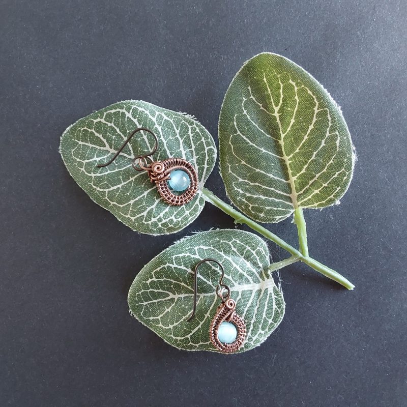 Blue Cats Eye copper wire weave dangly earrings
