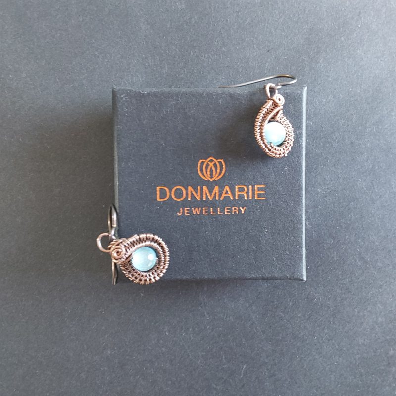 Blue Cats Eye copper wire weave dangly earrings