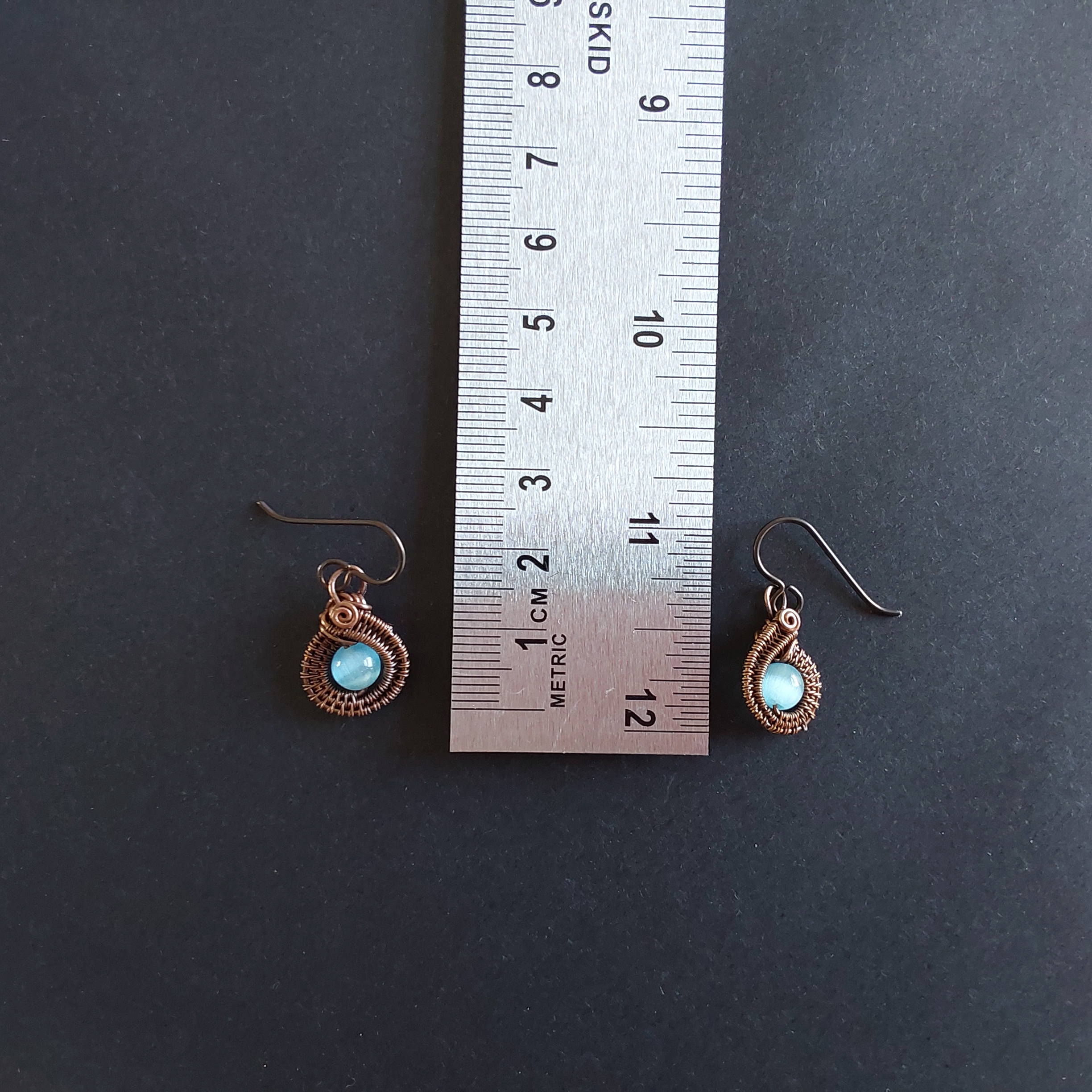 Blue Cats Eye copper wire weave dangly earrings