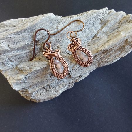 Faceted Peach Moonstone antiqued copper wire weave dangly earrings