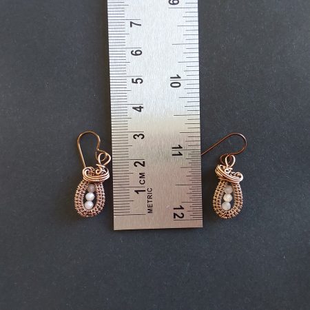Faceted Peach Moonstone antiqued copper wire weave dangly earrings