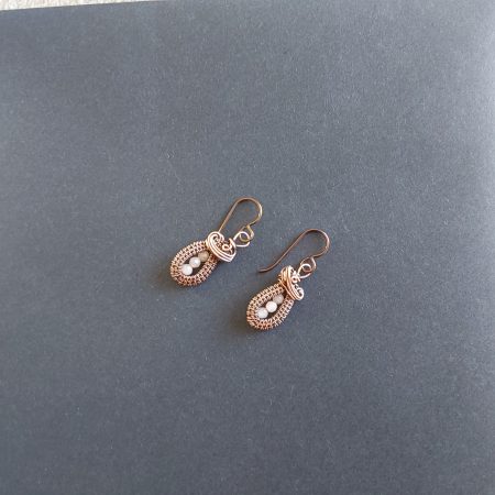 Faceted Peach Moonstone antiqued copper wire weave dangly earrings