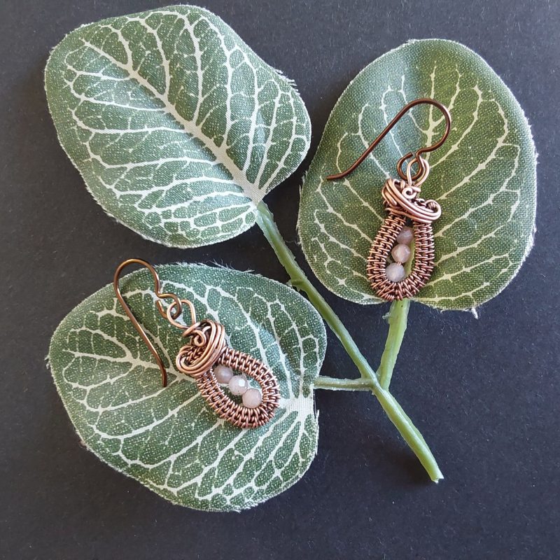 Faceted Peach Moonstone antiqued copper wire weave dangly earrings