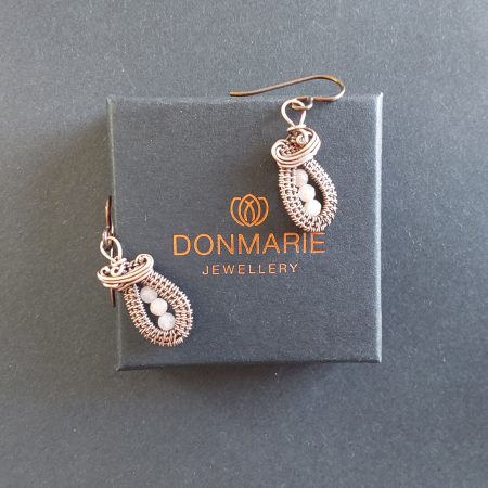 Faceted Peach Moonstone antiqued copper wire weave dangly earrings