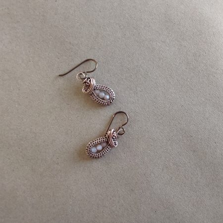 Faceted Peach Moonstone antiqued copper wire weave dangly earrings