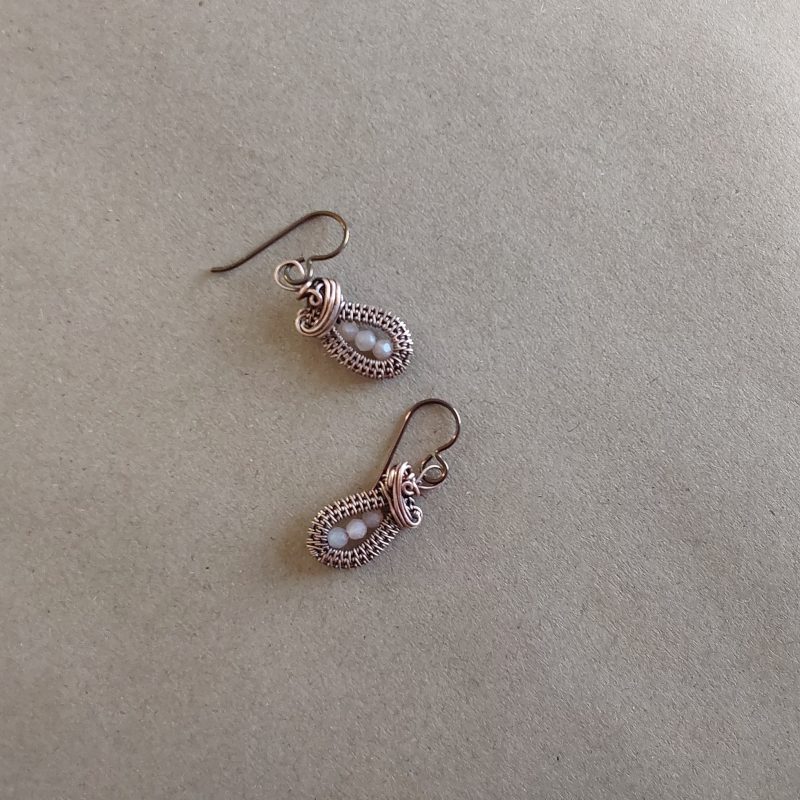 Faceted Peach Moonstone antiqued copper wire weave dangly earrings