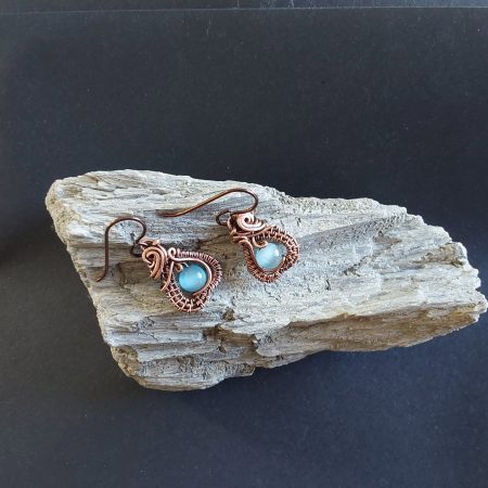 Intricate wire weave earrings with Blue Cats Eye beads
