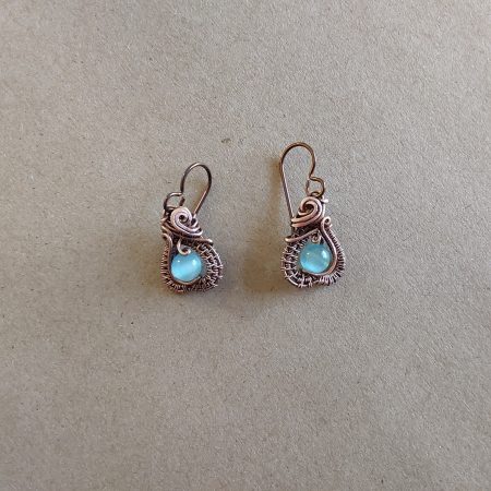 Intricate wire weave earrings with Blue Cats Eye beads