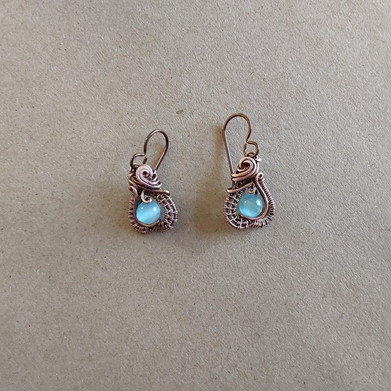 Intricate wire weave earrings with Blue Cats Eye beads