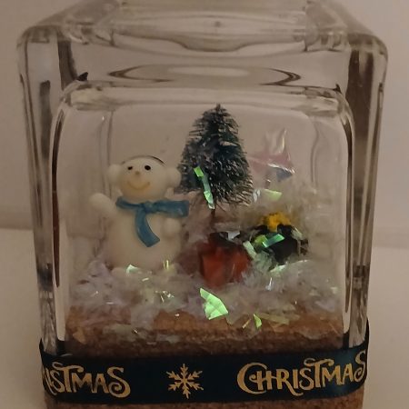 Snowman, presents and tree square glitter globe