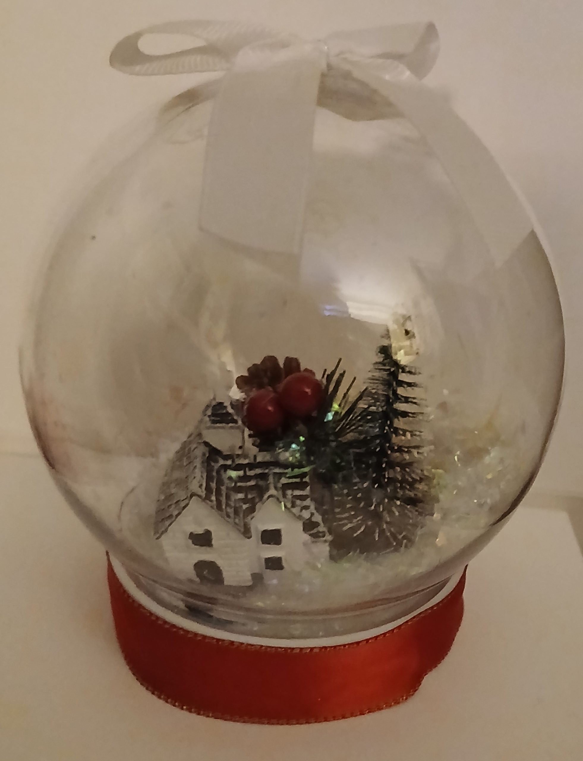 Church , tree, pinecone,Holly, glitter globe
