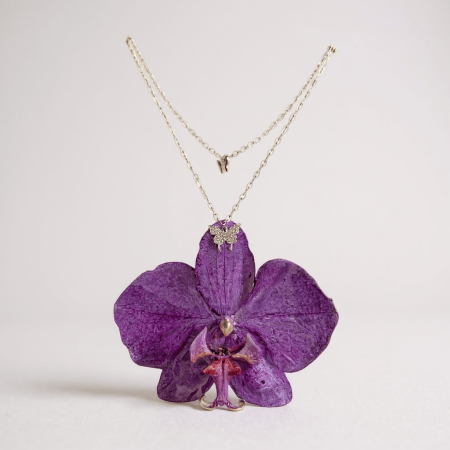 Handmade Real Orchid Double Layer Necklace | S925 Silver & Zircon Stones | Elegant Butterfly Design