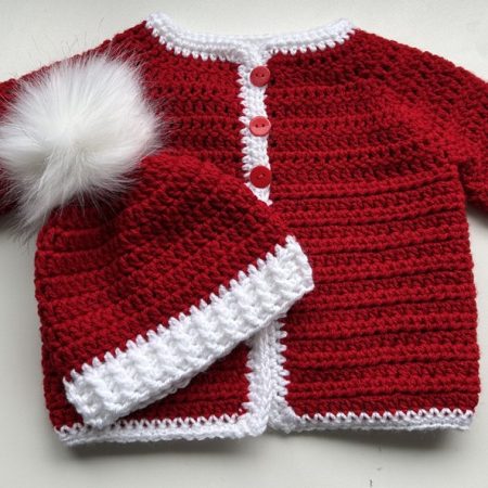 Baby's Crocheted Red and White Santa Jacket and Hat with Faux Fur Pompom, age 3-6 months