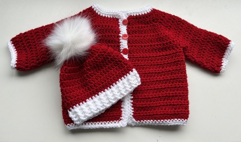 Baby's Crocheted Red and White Santa Jacket and Hat with Faux Fur Pompom, age 3-6 months