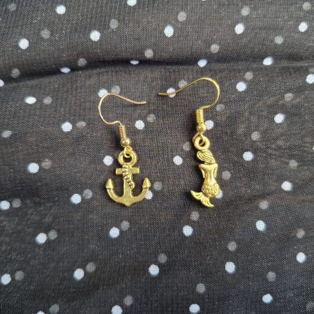 Anchor and mermaid gold mismatched earrings