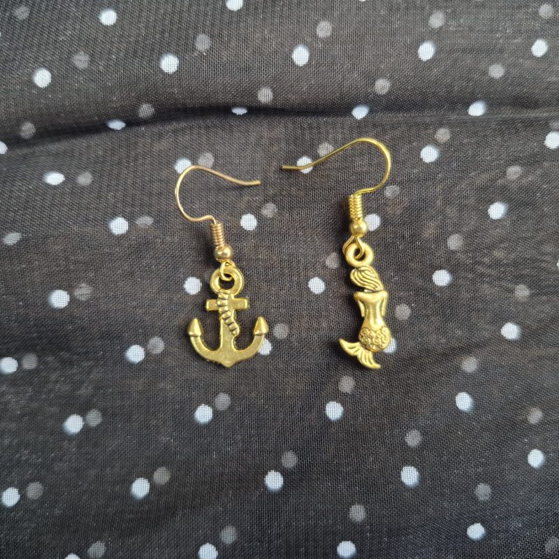 Anchor and mermaid gold mismatched earrings
