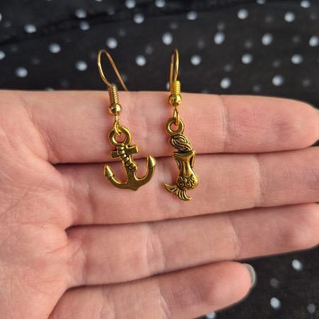 Anchor and mermaid gold mismatched earrings