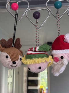 Amigurumi Style Christmas Tree Decoration Trio. Father Christmas, Elf, Raindeer