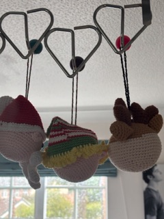 Amigurumi Style Christmas Tree Decoration Trio. Father Christmas, Elf, Raindeer