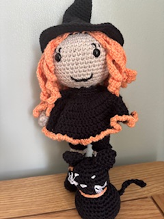 Amigurumi Spooky Character Collection. Witch with her cat, skeleton and ghost.