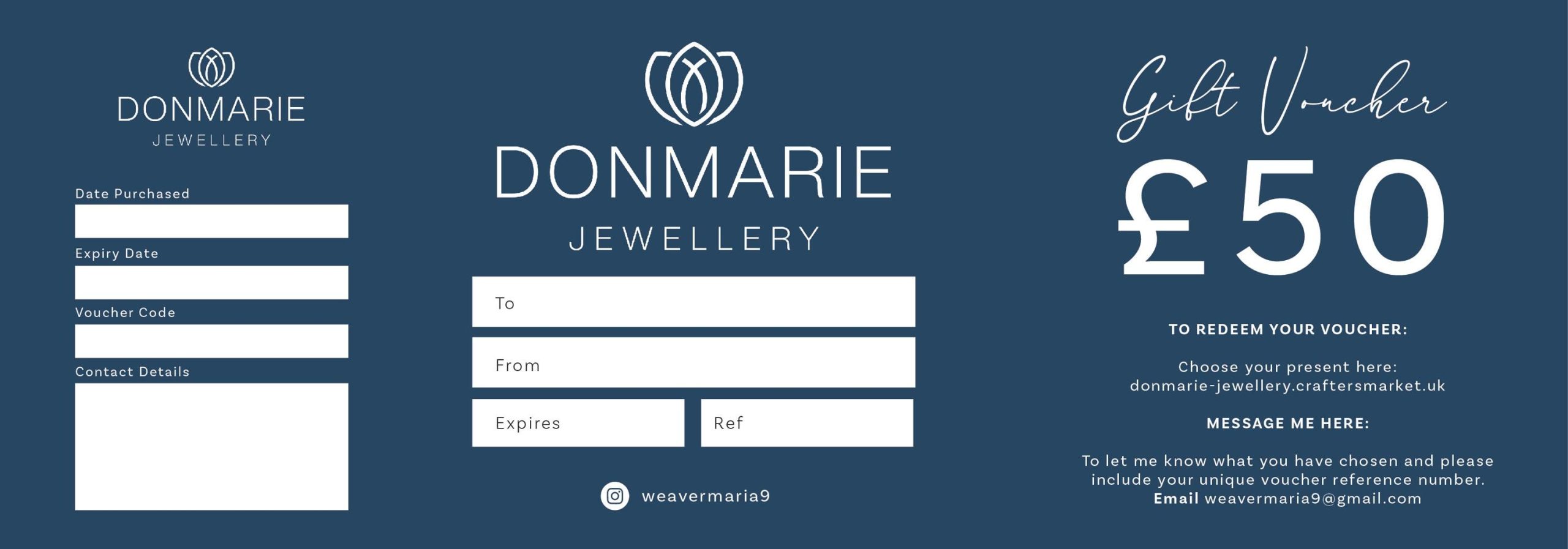 £50.00 DONMARIE Jewellery Gift Voucher and Matching Envelope