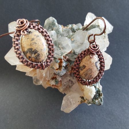 Copper wire weave Picture Jasper dangly earrings with Niobium hypoallergenic ear wires