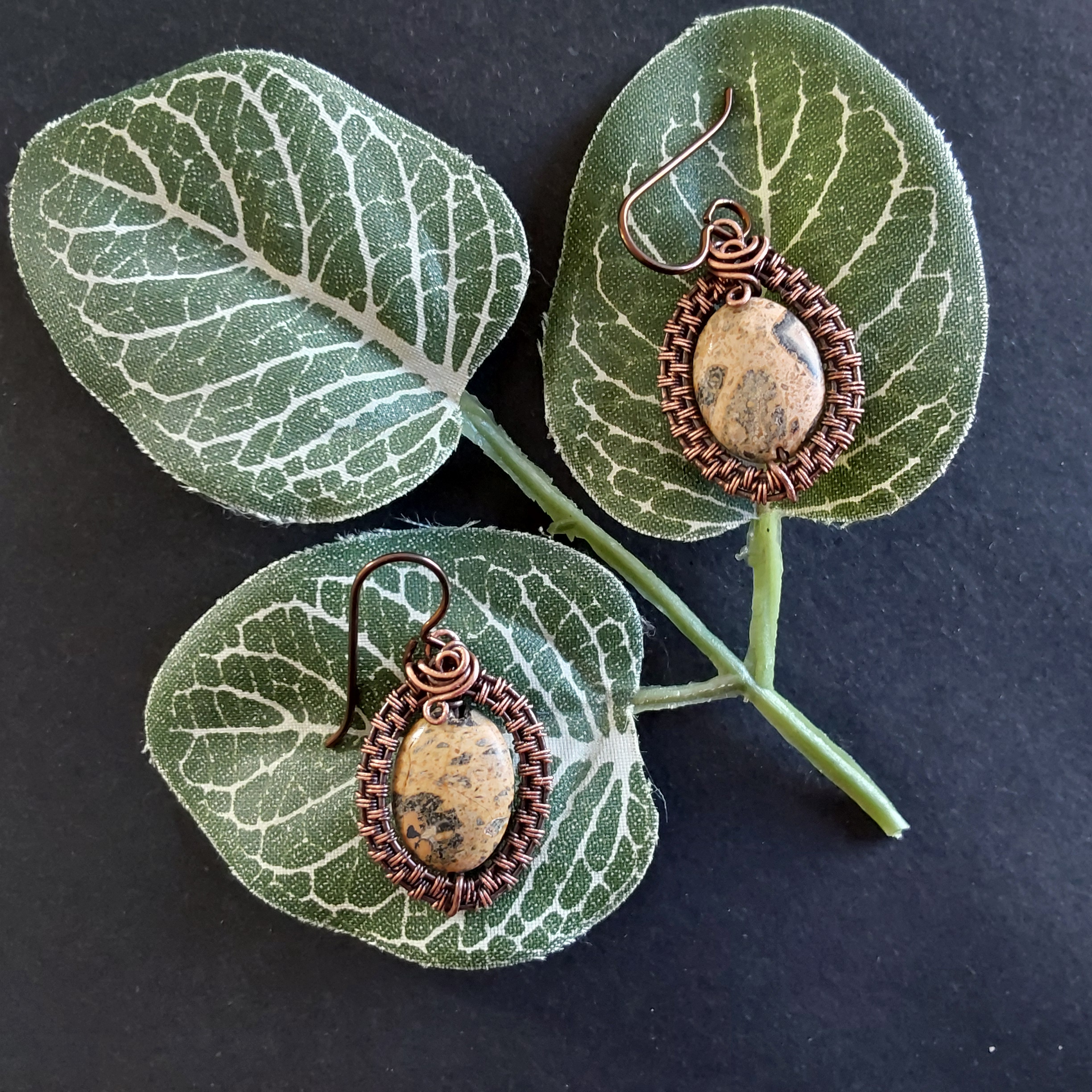 Copper wire weave Picture Jasper dangly earrings with Niobium hypoallergenic ear wires